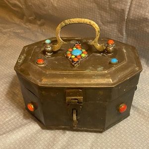 Sandro Company Vintage Brass Embedded Gemstone Coral Glass Bead Jewelry Box